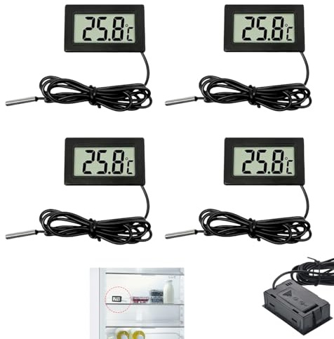 Lot de 4 Thermomètre Numérique LCD avec Sonde Externe, Mini Thermomètre pour Réfrigérateur Congélateur, Aquarium, Reptile, Vitrine Réfrigérée, Moniteurs Température, Affichage Rapide Haute Précision