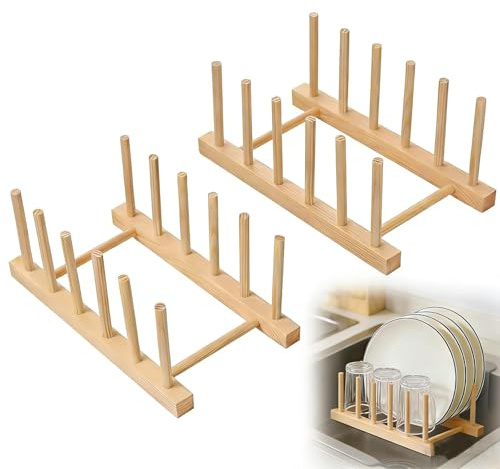 2 Stück Tellerständer Holz,Deckelhalter, 6 Steckplätze Tellerhalter Holz Abtropfgestell, Plate holder Küchenschrank-Topfdeckelhalter,Topfdeckel Organizer, für Schneidebrett,Teller (Holzfarbe 1)
