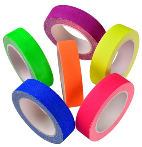 HstiaLving 6 Rouleaux Ruban Adhésif Fluo 1.5cmx5m, Peinture Gaffer Noir pour Décoration Anniversaire Annee 80, Bracelet Fluorescent Lumineux, Accessoire Fête Soirée Disco, 6 Couleurs
