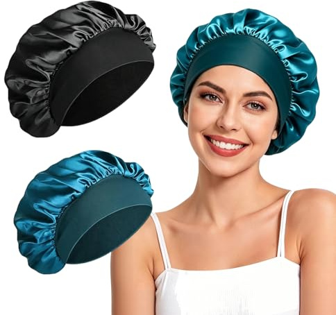2 Pièces Bonnet Satin Cheveux Nuit, Bonnet Soie Cheveux Nuit, Bonnets Satin en Soie Souple et Éllastiquepour, pour Cheveuxs Bouclés et Longs Bouclés, Respirant