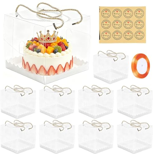 10 Packs Transparent Cake Box 4 Inch, Square Clear Cake Boxes with Handle & Base, 12x12x12cm Dessert Boxes Transparent Plastic Baking Box for Wedding Birthday Party Favors-Includes Stickers and Ribbon