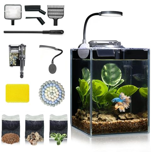Desktop Betta Petit aquarium en verre 5 litres Kit complet 15 x 15 x 20, système de filtration autonettoyant, lumière LED brillante, gravier, plante, outil de nettoyage, kit de démarrage pour les