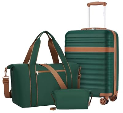 Kono Juego de Maletas con Maleta Cabina Rígida 55x40x20, un Equipaje de Mano Que Cuenta con Ruedas TPE y Cerradura TSA, más Bolsa de Viaje con Correa Ajustable y Hebilla para Carro, y Neceser (Verde)