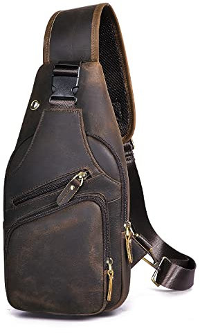 Le'aokuu Herren Echtes Leder Brusttasche Umhängetasche Sport Outdoor Messenger Bag Wanderrucksäcke（8015 0 Dunkelbraun）