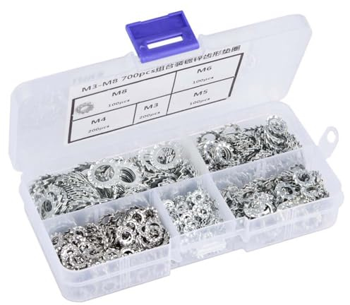 Gezackte Sicherungsscheiben und Unterlegscheiben Set, 700 Stück, Verzinkt, M3/M4/M5/M6/M8