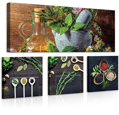 WallArena Leinwand Bilder Küche Obst Gewürz Kräuter Wasser Essen 80x55 cm | Leinwandbilder, Bild auf leinwand, Wandbild XXL groß Wandbilder für Wohnzimmer Schlafzimmer Wohnzimmerbilder