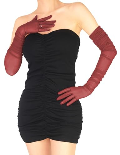 XXDingbs Gants longs et transparents pour femme en tulle, gants de danse pour soirée, costume de Noël et opéra, bordeaux, taille unique