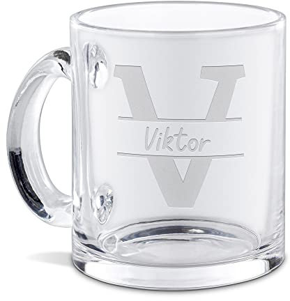 PR Print Royal Personalisierte Glastasse graviert mit Ihrem Anfangsbuchstaben V und Namen - Namenstasse graviert, Geschenkidee, Geburtstagsgeschenk | Lasergravur, Runde Schrift, 300ml