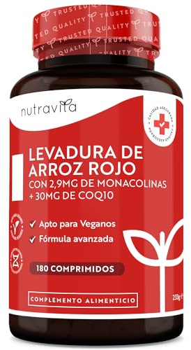 Levadura Roja de Arroz con Coenzima Q10-180 Comprimidos Veganos - Alta Dosis de Levadura con 2,9mg Monacolina K + 30mg de CoQ10 - Red Yeast Rice - Nutravita