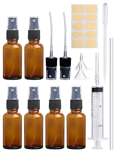 Realure 6Pcs 30ml Amber Refillable Glass Atomiser Bottles, Fine Mist Mini Travel Spray Bottles for Essential Oils Perfume Cosmetics Aromatherapy, with Pipette, Funnels, Labels & Extra Nozzles