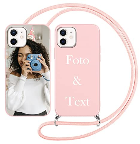Yoedge Handykette Personalisierte Handyhülle für Apple iPhone 12 Mini Hülle mit Band Kordel 5,4,Selbst Gestalten mit Foto Bild Text Individuelle Schutzhülle Rosa Cover für iPhone 12 Mini Case