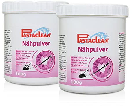 Pastaclean® Nähpulver - Säumen, Flicken, Stopfen, Nähen und Reparieren ohne Nadel und Faden, 2x 100g
