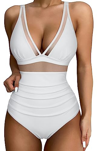 SUUKSESS Women Slimming Tummy Control One Piece Swimsuits Sexy Mesh High Waisted Monokini Bathing Suits (White, L)