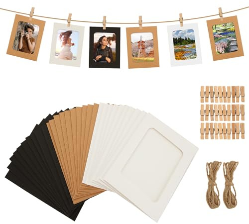 AHAQU 60Pack 6x4In Paper Photo Frame, Picture Frames Hanging Photo Frames With Mini Wooden Clips & Hemp Ropes, Cardboard Picture Frame for Home Dorm Office Wall Decor, 3 Colors
