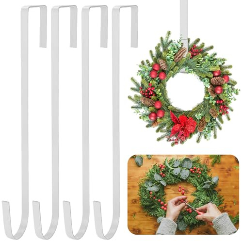 lmytdo Christmas Wreath Hanger for Front Door (12 in/30cm) Strong Metal Wreath Door Hanger Over Door Hooks for Wreath Holder for Xmas Wall Wedding Decor (4Packs White)