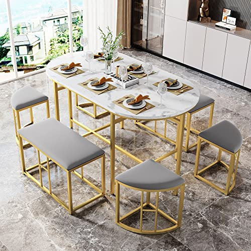 Idemon Essgruppe,(Set, mit Esstisch, 4 kleinen Hockers und 2 großen Hockers), Küchen Esstisch Set ausStahlrahmen,140 * 70 * 76cm,belastbar 120 kg (weißer und Gold)