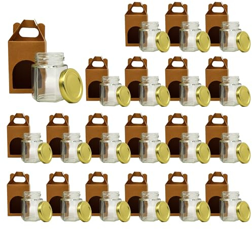Espirito Rebelde 20x Petit Pot de Miel Hexagonal avec Couvercle 80ml + 20x Boîte Kraft pour 1 Pot - Idéal pour la Conservation de Miel, Confiture, Épices, Yaourt