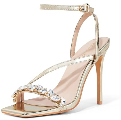 Zhabtuc Damen Sandaletten 10cm High Heels Knöchelriemen Strass Peep Toe Sommer Hochzeit Tanz, Gold, 39 EU