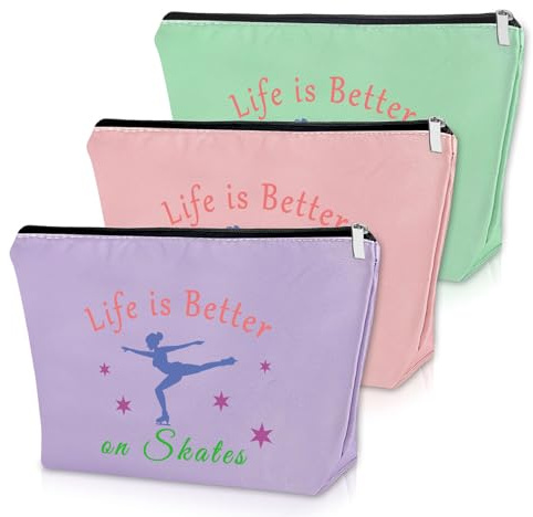 Sazuwu 3PCS Skater Gifts for Women Makeup Bag Ice Skating Coach Gift Skate Lover Gift Cosmetic Bag Figure Skater Gifts for Her Sister Ice Skater Gifts for Girls Birthday Christmas Gifts Travel Pouch