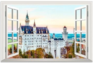 LXURY Fensterblick Leinwand Bilder-Offenem Fenster Landschaft Bild Druck auf Leinwand-Wandbilder Wandkunst für Wohnzimmer-Autumn Trees Castle 80x120cm31x47inch Ungerahmt