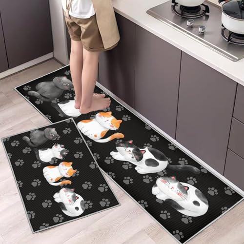 Hoimlm Küchenteppiche 2 Stück, Rutschfestes Küchenmatten,Wasser und Öl aufnehmen Küche Matten Fußmatte Teppich Set,Staubdicht Fußmatte für Drinnen (43x75+43x150cm, Kätzchen)