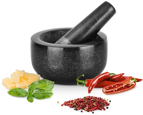 Gourmeo Mörser mit Stößel Set aus Granit - 12x12xH7cm - 300ml Mörser mit Stößel klein - Mortar and Pestle für Gewürze Salsa Pesto- Schwarz