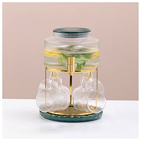 Carafe Eau Pichet en verre sertie de théière d'eau transparente de tasse avec porte-robinet de fer 2.8L Grande bouilloire ustensile à boire de la bouilloire Pichet à Thé Glacé(Color:Deep green)