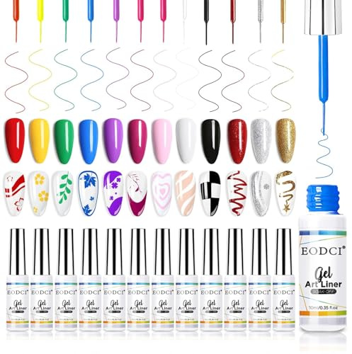 EODCI Gel Liner Nail Polish 12 Farben Nagellack, Schwarz Rot Rosa Gelb Grün Frühling Französisch Nagellack Set Nail Art Pinsel UV Gel Starterset für DIY-Maniküre Frauen Mädchen