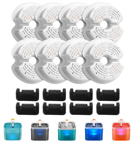 Filtros de Fuente para Gatos, AONBOY 8 Piezas de Filtros + 8 Piezas Esponjas de Filtros de Bebedero Gatos, Triple Filtración (Filtros), Filtrar los Pelos Sueltos (Esponjas), Adecuado para la F2
