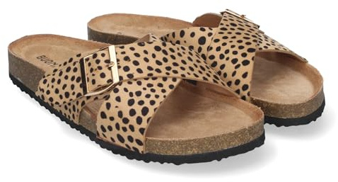 shoes&blues.es 85230 Sandalia Plana de Mujer, Pala entrecruzada, con Planta Anatomica de Bio, y Hebilla, Primavera Verano Leopardo Talla 39