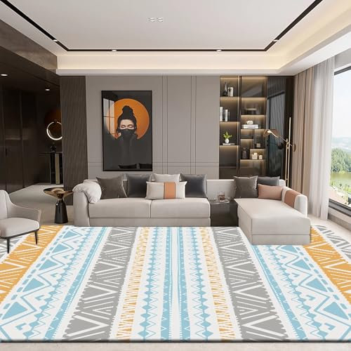 Tzvpsu Balkondeko Grau Blau Gelb Geometrisches Streifendesign Leicht zu reinigen Rutschfester Teppich,Schlafzimmer Teppich bettumrandung Teppich 60x90cm