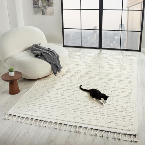 VIMODA Teppich Boho Skandi Wohnzimmer, Schlafzimmer, Balkon, Küche, Terrasse, Flur 3D Creme, Maße:120x170 cm