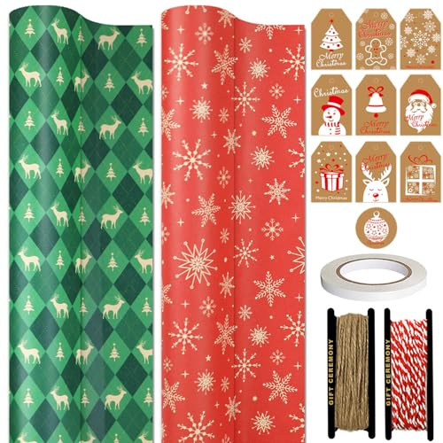 FullJoyHut 2 Rollen Weihnachtsgeschenkpapier je 43cm x 15M - Geschenkpapier Weihnachten Rollen Kraftpapier Weihnachtspapier mit Geschenkanhänger Geschenkband für Xmas Geschenkverpackung