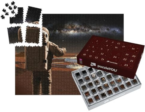 puzzleYOU: Puzzle-Adventskalender | „Astronaut auf dem Planeten Mars, der Sich eine Marsstadt anschaut (3D Wissenschaftsillustration)“