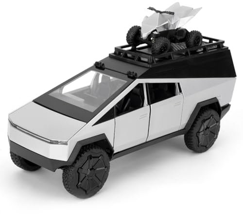 TGRCM-CZ 1/24 Tesla Cybertruck Electric Pick-Up Model Car Camping RV with Motorcycle, Zinc Alloy Pull Back Toy Car with Sound and Light for Kids Boys Girl Gift (Silvery)