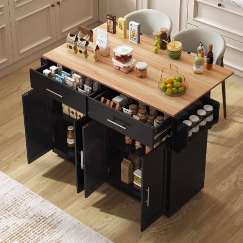 Isola cucina - Armadio da cucina con piano di lavoro pieghevole, 120x46(70)x91 cm, con ruote e gambe in legno intercambiabili, per cucina e sala da pranzo (nero)