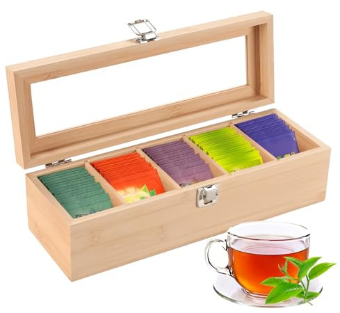 Wooden Tea Box, Tea Box Organiser with 5 Compartments Tea Storage Box Tea Bag Storage with Transparent Lid Tea Bag Holder Chest Tea Caddy for Coffee Sugar Packet (30x10x9cm)