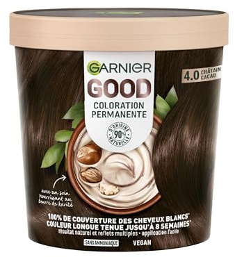 Garnier - Coloration Permanente - Sans Ammoniaque - 90% d'Ingrédients d'Origine Naturelle et Formule Vegan - Beurre de Karité - 100% Couverture Cheveux Blancs - Châtain Cacao (4.0) - Good
