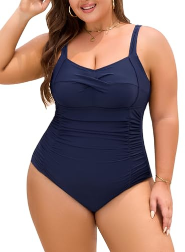Nadeer Bañador Mujer Talla Grande Reductores Traje de Baño de Una Pieza Push Up Sexy Cuello en V Swimwear Swimsuit para Natacion Playa L-4XL(Azul Marino,3XL)