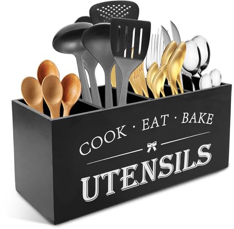 KTCINA Kitchen Utensils Holder 4 Compartment Wood Cutlery Holder Large Flatware Caddy Organizer with Drainage Bottom Removable Divider Silverware Caddy for Spoons, Forks, Spatulas, Shovels(Black)