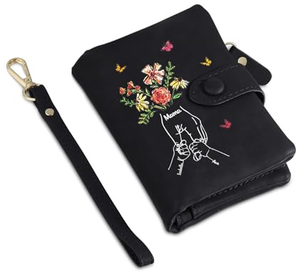 Jeweidea Geldbörse Damen Personalisierte Geldbörse mit Blume und Namen Kleines Portemonnaie Damen mit Kartenfach, Münzfach, Geschenke für Mama Muttertagsgeschenke Personalisierte Geschenke (B-Schwarz)