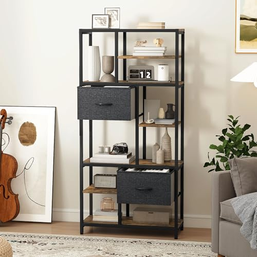 DWVO Hoches Bücherregal, 7 Etagen, mit Zwei Schubladen, bodenstehend, Industrieregal, Aufbewahrungsregal für Wohnzimmer, Büro, Arbeitszimmer, Flur, 73 cm breit, 151 cm hoch