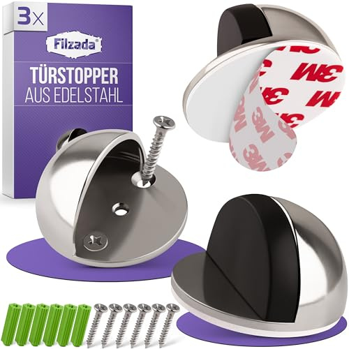 Filzada® 3x Türstopper Boden Kleben ODER Zum Schrauben [3M KLEBEPADS] - Edelstahl Tür Stopper für alle Böden - Hochwertige Door Stopper - Türstopper Selbstklebend Boden zum Wandschutz - Door Stop