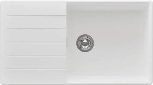 PRIMAGRAN Evier Cuisine en Granit au Meuble 60cm + Kit de Vidage, 90x50cm | Set: Kit de Vidage (Siphon, bonde d’évacuation, trop-plein) + Lavabo 1 Bac - Copenhague Top, Blanc