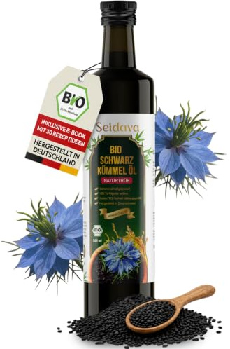 Seidava® Bio Schwarzkümmelöl – kaltgepresst & ungefiltert aus Ägypten 500ml | 100% Nigella sativa, hoher Thymochinongehalt, mühlenfrisch, ohne Zusatzstoffe, vegan & naturrein, laborgeprüft - Glasflasche