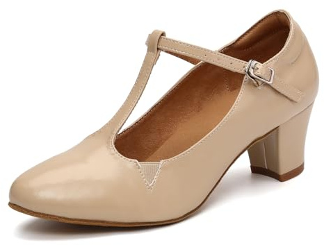 GYUBL Dam T-rem karaktärsskor latin balsal stängd tå salsa tango dansskor med 5 cm klackar, BEIgE, 40.5 EU