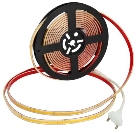 Jandei –Tira Luminosa COB LED Autorrectificada 220V 5000 Lm, con Enchufe, Impermeable IP65, Cortable y Adhesiva, Ancho PCB 8mm, Bobina 5m. Decoración Exterior e Interior (Blanco Frío 6000k)