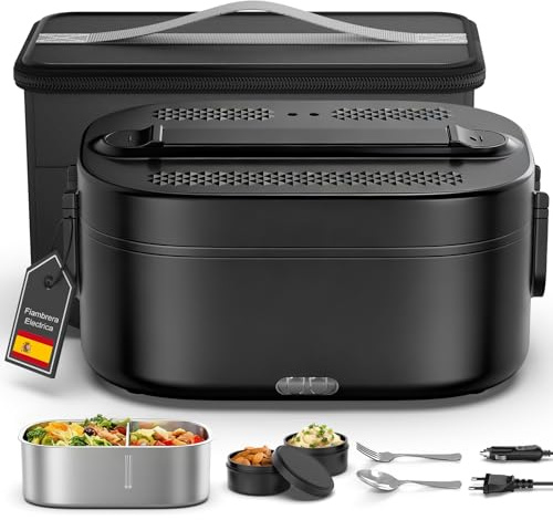 YEEFON Fiambrera Electrica, 80W Taper Electrico para Comida Portatil 1,5L, 3 en 1 Electrica Trabajo 12V/24V/220V, Comida Térmico con Bolsa y Acero Inoxidable Tenedor Cuchara para Coche Camión Trabajo
