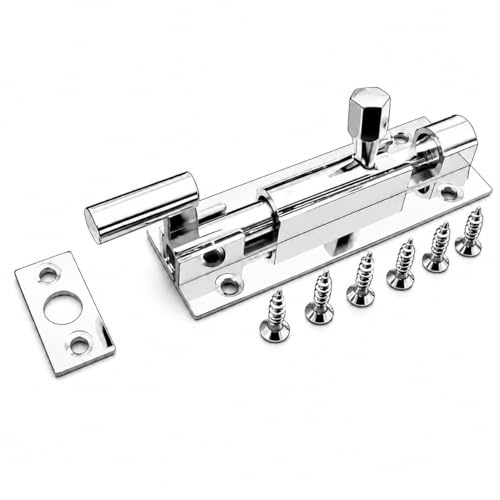 Chrome Plated 75mm x 25mm Necked Barrel Bolt Door Slide Lock | Compact 3 inch latch with screws and keep for cupboards cabinets gates sheds and interior doors