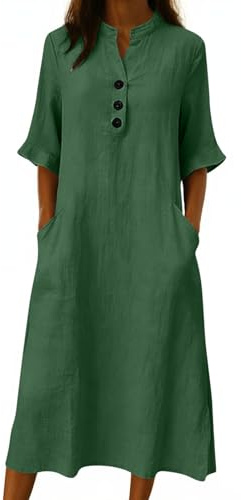 Cotton Dresses for Women UK Summer Beach Shirt Dresses Solid Color Button Henley Neck Maxi Dress Elegant Ruffle Half Sleeve Casual Tunic Tshirt Dress Loose Plain Long A Line Sundress with Pockets